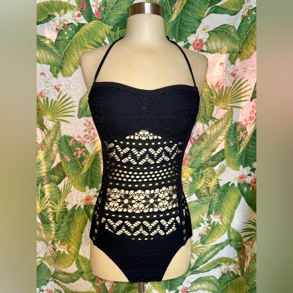 ROBIN PICCONE Cut Out Black Swimsuit w/ Abalone Shell Buttons Southwest Vibes
